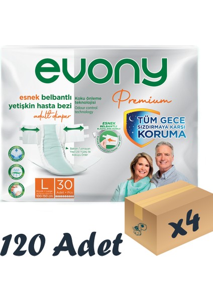 Premium Esnek Bel Bantı Yetişkin Hasta Bezi Large 30’lu 4 Paket 120 Adet