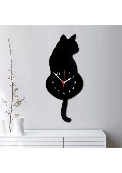 Dekoratif Akrilik Benekli Dekor Siyah Kedi Saat (Yurt Dışından)