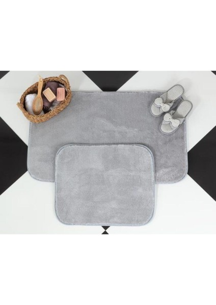 2'li Set Banyo Peluş Halı Gri Banyo Paspası