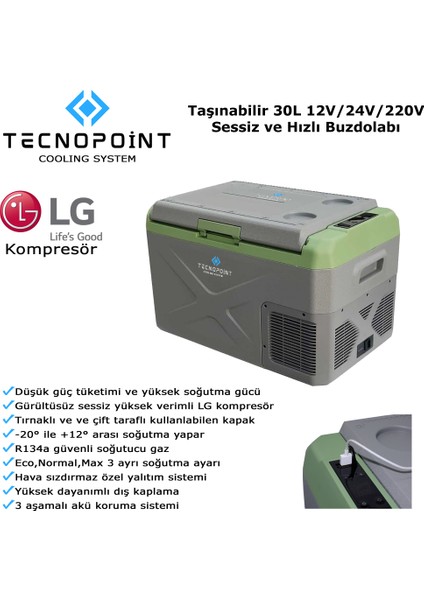 Tecno Point Tecnopoint 30 Litre Taşınabilir Araç Buzdolabı 12V/24V/220V Uyumlu