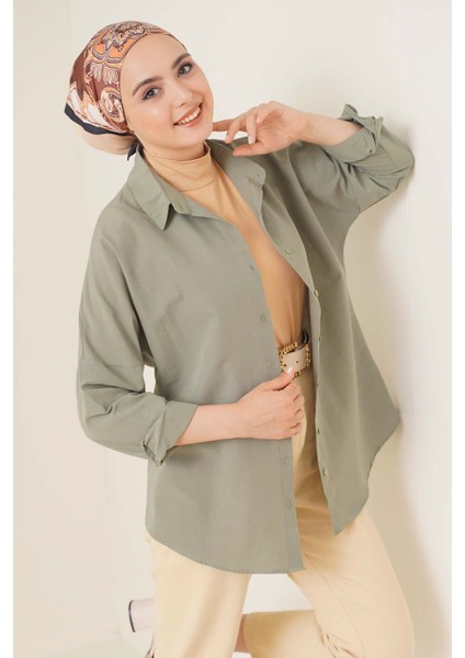 103901 Oversize Basic Tesettür Gömlek - Haki