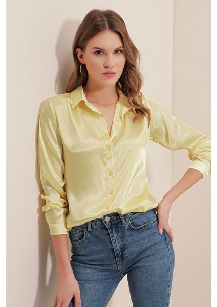 3964 Hafif Dökümlü Saten Gömlek - B.sarı