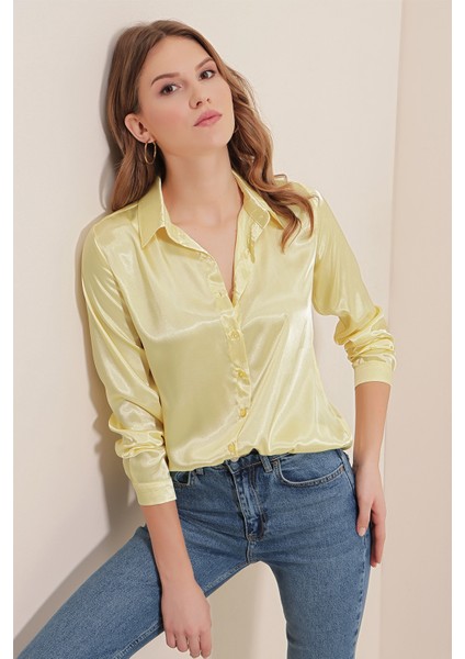 3964 Hafif Dökümlü Saten Gömlek - B.sarı fiyatları