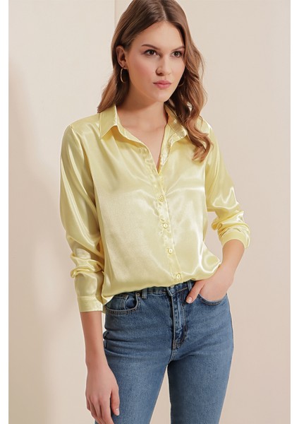 3964 Hafif Dökümlü Saten Gömlek - B.sarı fırsatları