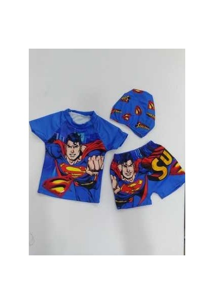 Erkek Çocuk Mayo Superman Dijital Baskılı Bez Boneli Şort Tişört Deniz Havuz Mayosu