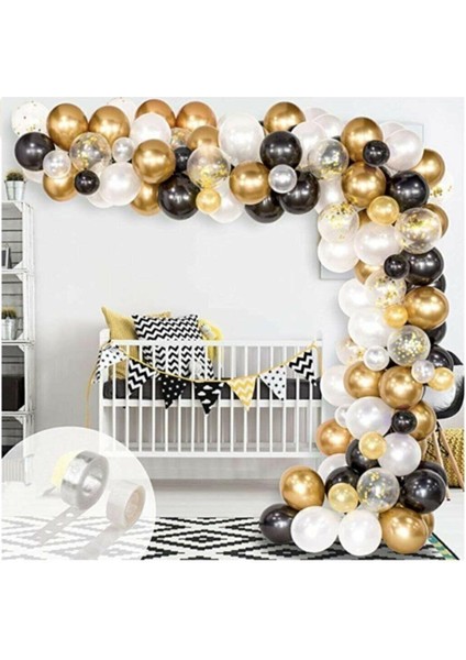 Siyah Beyaz Gold Konfetili Balon Zincir Seti