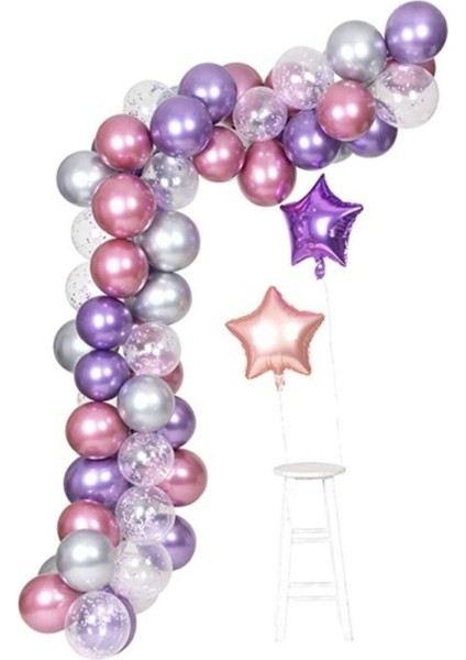 Pembe Mor Gümüş Konfetili Balon Zincir Seti