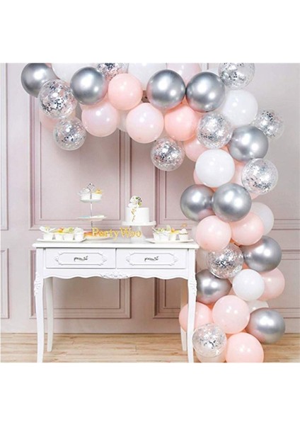 100'lü Pembe Beyaz Gümüş Metalik Balon Seti Renkli Parti Dekorasyonu