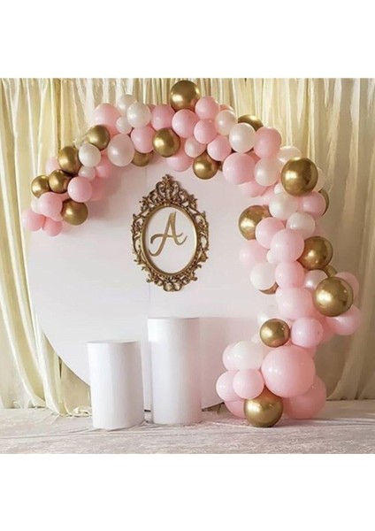 50 Adet 12 Inç Metalik Parti Balonu Pembe -Beyaz - Gold + 5 mt Balon Zinciri