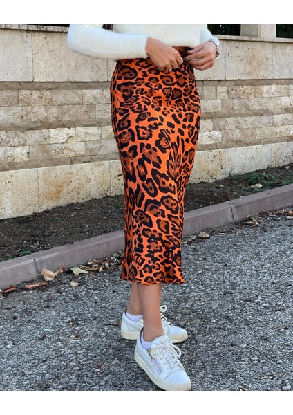 Nur Sönmez Fashion Leopar Turuncu Saten Etek