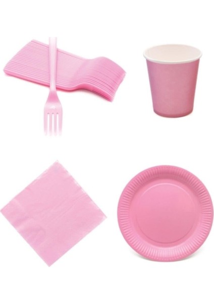 Pembe Renkli Plastik Çatal Peçete Karton ve Tabak Seti
