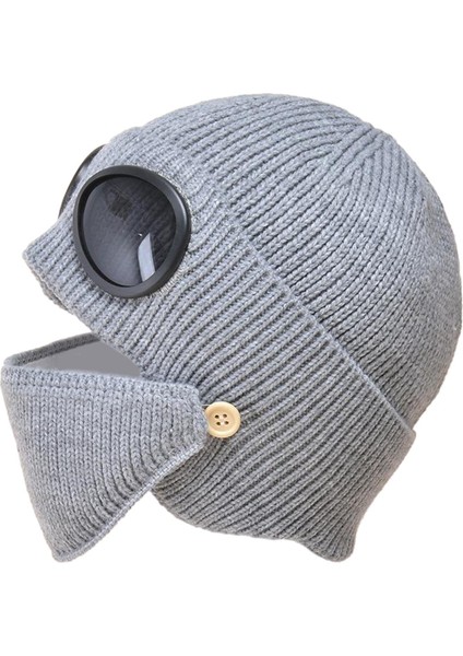 Unisex Yün Örgü Gözlük Beanie ile Set Kışlık Sıcak Şapka Gri (Yurt Dışından)