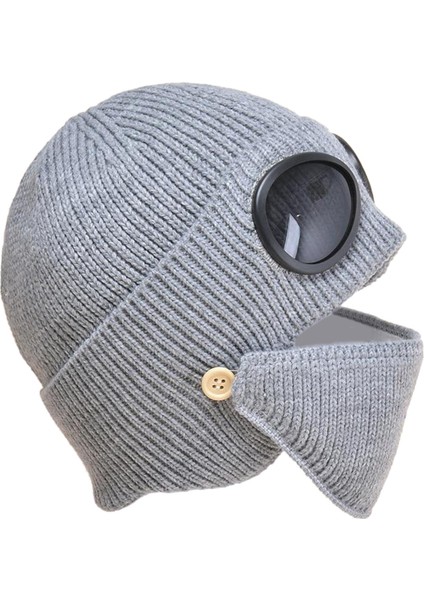 Unisex Yün Örgü Gözlük Beanie ile Set Kışlık Sıcak Şapka Gri (Yurt Dışından)