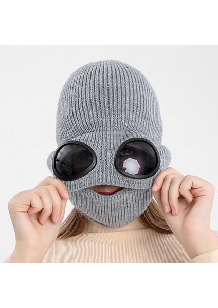 Unisex Yün Örgü Gözlük Beanie ile Set Kışlık Sıcak Şapka Gri (Yurt Dışından)