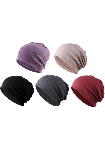 5 Adet Unisex Pamuklu Eğimli Beanie Katı Uyku Şapkası Tavan Türban (Yurt Dışından)