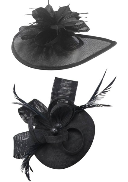 2pcs Kadın Tüy Head Band Hat Fascinator Düğün Partisi Ascot , Kadınlar Siyah 2 (Yurt Dışından)