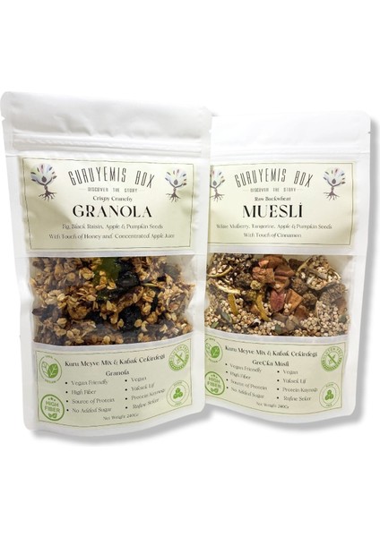 Bol Kuru Meyveli ve Çekirdekli Vegan Şekersiz Granola ve Müsli 2 x 240 gr Kahvaltılık Gevrek Seti Sağlıklı Kahvaltı Beslenme Yüksek Lif Protein Kaynağı Vegan Şekersiz