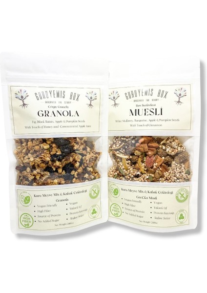 Bol Kuru Meyveli ve Çekirdekli Vegan Şekersiz Granola ve Müsli 2 x 240 gr Kahvaltılık Gevrek Seti Sağlıklı Kahvaltı Beslenme Yüksek Lif Protein Kaynağı Vegan Şekersiz