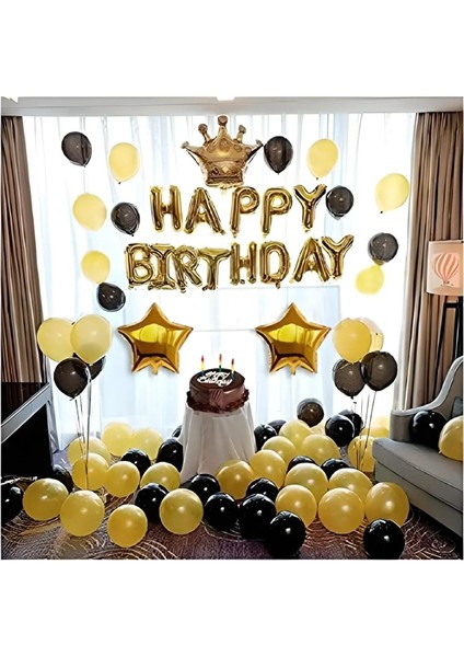 Doğum Günü Altın, Siyah Balonlar Taçlı Balon