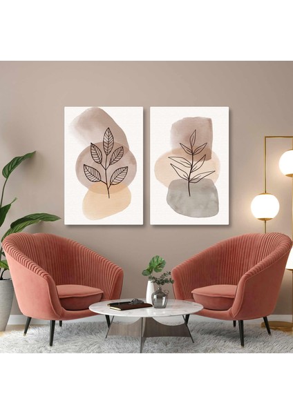 Kahverengi Tonlarında Sulu Boya Izleri ve Yapraklar Line Art Boho Kanvas Tablo