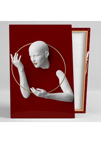Kabartma Efektli Altın Geometrik Çerçeve Bordo Fon Dekoratif Kanvas Tablo