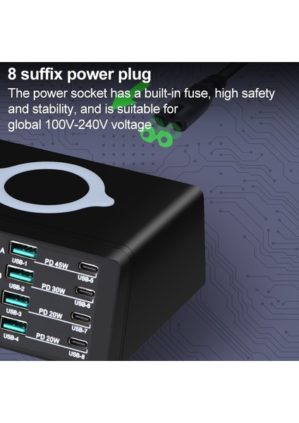 X9D 110W Çoklu Bağlantı Noktalı Akıllı Şarj Istasyonu + Kablosuz Şarj Cihazı AC100-240V
