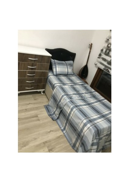 Snr Home Collection Mavi Kareli Pamuklu Tek Kişilik Genç Odası Nevresim Takımı (Lastikli Çarşaflı)