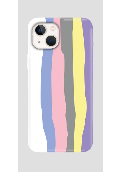 iPhone 14 Kılıf Gökkuşağı Liquid Lansman Içi Dokulu Silikon Telefon Kılıfı Beyaz Lila