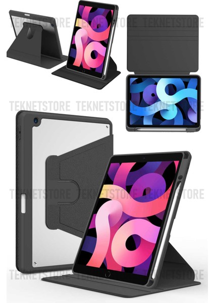 Apple iPad 10.2 8. ve 9. Nesil 2020/2021 Kılıf Kalemlikli 360 Dönebilen Standlı Şeffaf Tablet Kılıfı