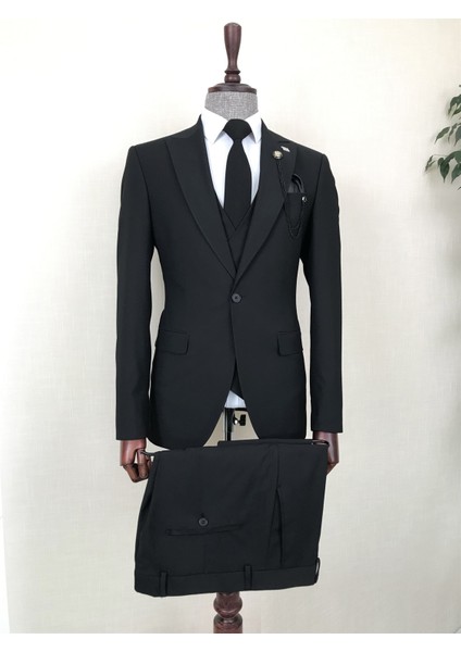 Italyan Stil Ceket Yelek Pantolon Takım Elbise Siyah T8614