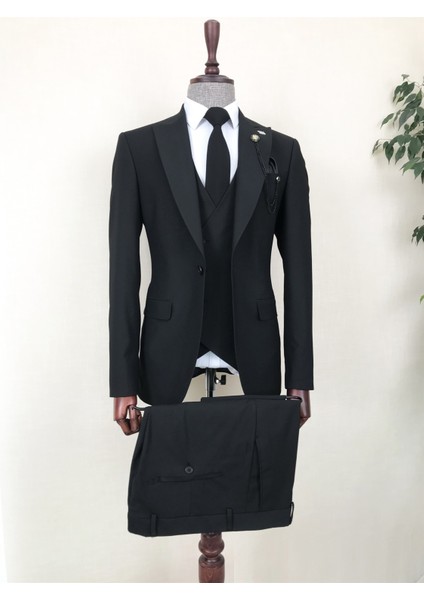 Italyan Stil Ceket Yelek Pantolon Takım Elbise Siyah T8614