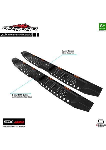SDX 4WD Off Road Mitsubishi L200 4 Çelik Yan Basamak 195 Cm Ledli V2 2006-2015 A+ Kalite