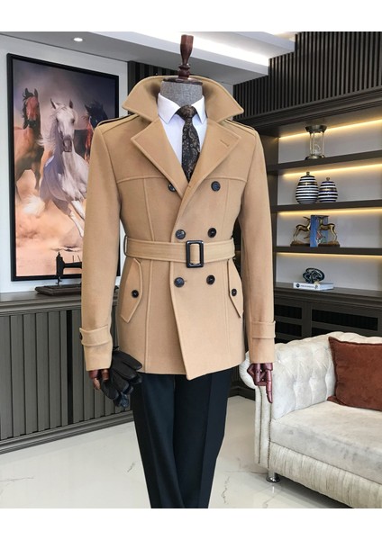 İtalyan stil erkek kısa kaşe trençkot mont kaban Camel T8862 fırsatları