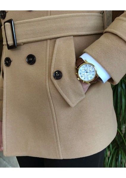 İtalyan stil erkek kısa kaşe trençkot mont kaban Camel T8862 modelleri