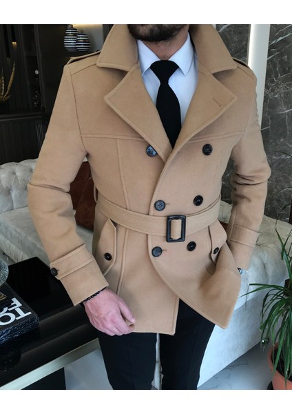 İtalyan stil erkek kısa kaşe trençkot mont kaban Camel T8862 fiyatları