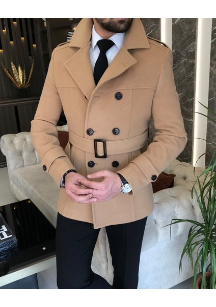 İtalyan stil erkek kısa kaşe trençkot mont kaban Camel T8862