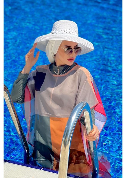 Tesettür Mayo Üzerine Kare Desenli Kaftan Kimono Pareo P2107 fiyatları
