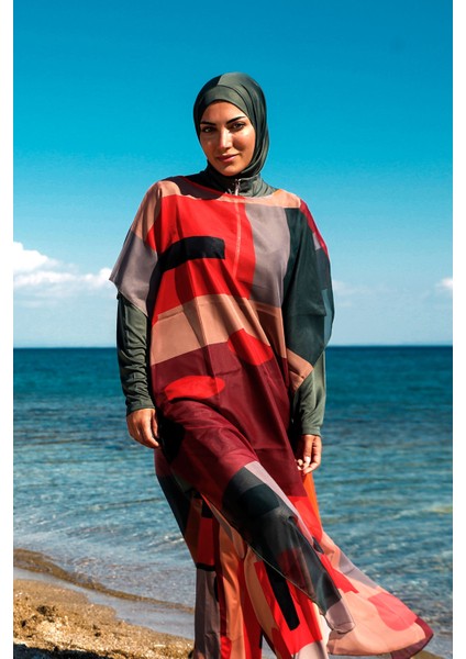 Tesettür Mayo Üzerine Kare Desenli Kaftan Kimono Pareo P2107 modelleri