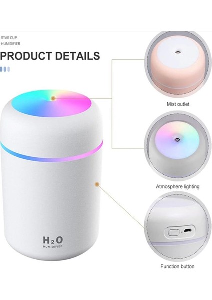 H2O Humidifier 300 ml Ulrasonik Hava Nemlendirici Buhar Makinesi ve Aroma Difüzörü