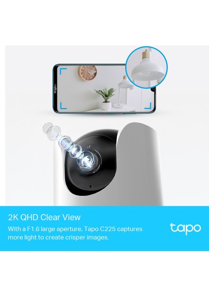 Tapo C225, 2K QHD Wi-Fi Güvenlik Kamerası, Yapay Zeka Desteği, Hareket Tespit ve Takibi, 360°, Renkli Gece Görüşü, Çift Yönlü Sesli İletişim, Bulut/Yerel Depolama, Bebek Ağlaması Tespiti