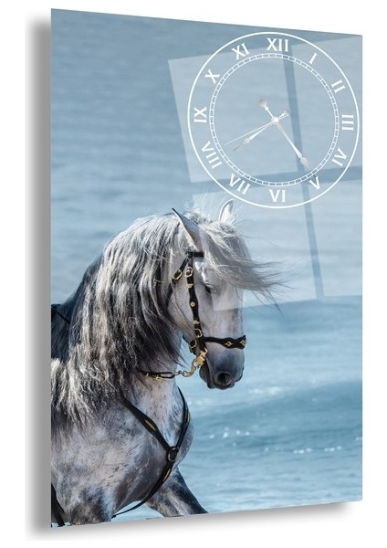 Saatli Beyaz At Cam Tablo