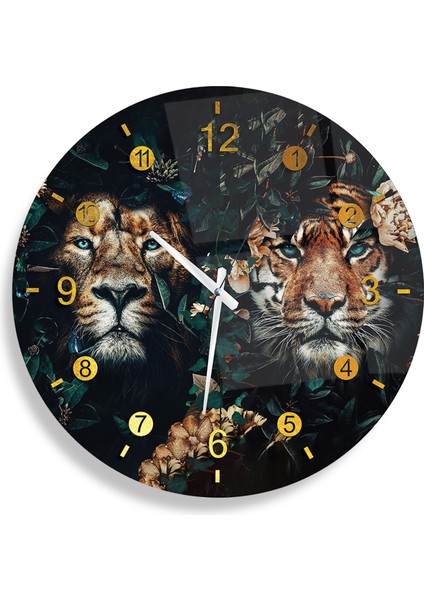 Saatli Aslan ve Kaplan Cam Tablo