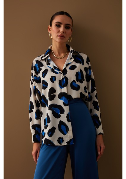 Renkli Leopar Desenli Salaş Gömlek - Sax Mavi fiyatları