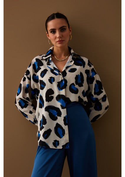 Renkli Leopar Desenli Salaş Gömlek - Sax Mavi modelleri