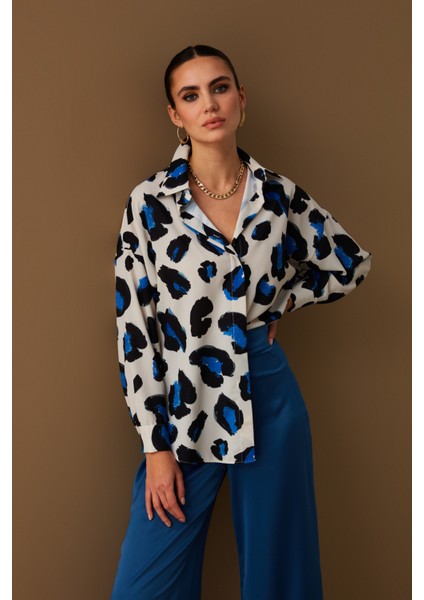 Renkli Leopar Desenli Salaş Gömlek - Sax Mavi indirimleri