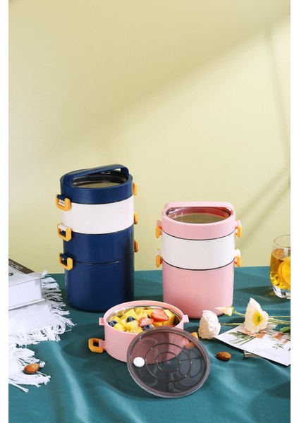 Bento Lunch Box Ofis-Okul Için Yeni Nesil Sefer Tası 3 Katlı Büyük Boy Çelik FF545