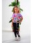 Kız Çocuk Crop Top Simli Kordon Detaylı Tayt Tshirt Takım Mor Neon Pembe Mickey Kalp Baskı Desen 1
