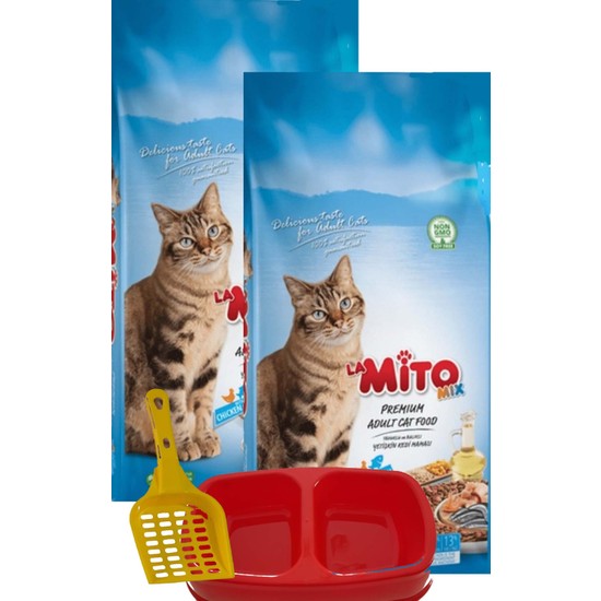 Mito Mix Adult Cat Tavuklu ve Balıklı Renkli Taneli Kedi Maması 1kg x 2 Adet + Kürek + Mamalık