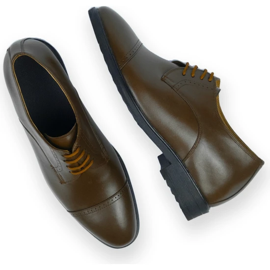 Elevold  El Yapımı Kahverengi Oxford Model +7/ 9 cm Boy Uzatan Gizli Topuklu Erkek Ayakkabı Damatlık Kundura