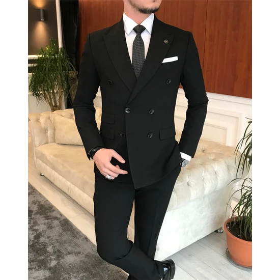 Terzi Adem Italyan Stil Slim Fit Kruvaze Ceket Pantolon Takım Elbise Siyah T5324